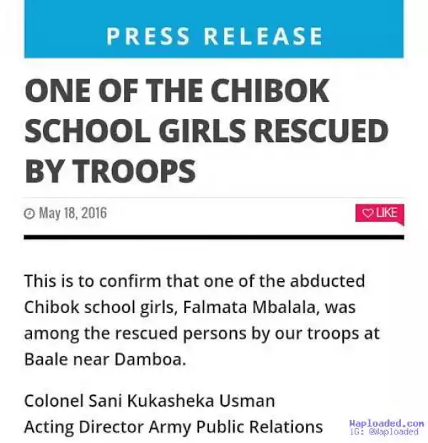 Nigerian Army confirms the name of the rescued Chibok girl, shares more details